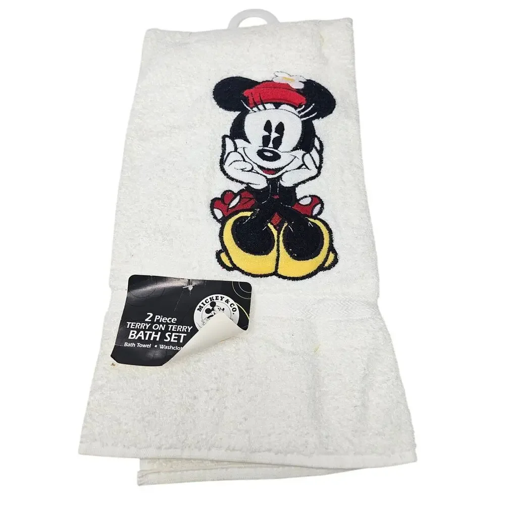 Vintage 90s Mickey Co 2 Piece Terry Cloth Bath Towel Wash Cloth Minnie Mouse